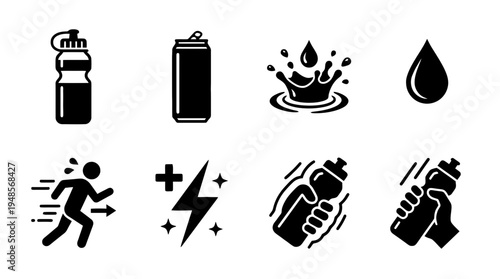 collection of sports drink, 6 filled black minimal icon vector set , white background , PNG and SVG isolate