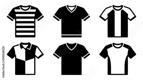 collection of sports jersey, 6 filled black minimal icon vector set , white background , PNG and SVG isolate