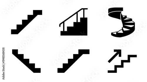 collection of staircase, 6 filled black minimal icon vector set , white background , PNG and SVG isolate