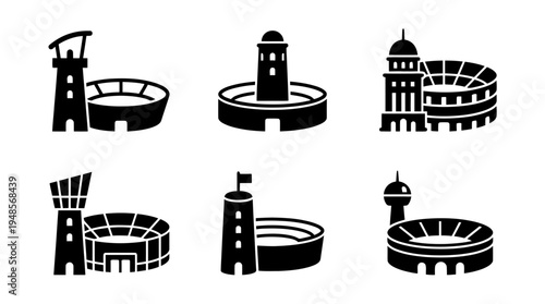 collection of stadium tower, 6 filled black minimal icon vector set , white background , PNG and SVG isolate