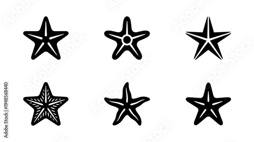 collection of starfish, 6 filled black minimal icon vector set , white background , PNG and SVG isolate