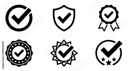 collection of stamp approved, 6 filled black minimal icon vector set , white background , PNG and SVG isolate