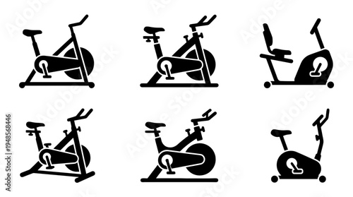 collection of stationary bike, 6 filled black minimal icon vector set , white background , PNG and SVG isolate
