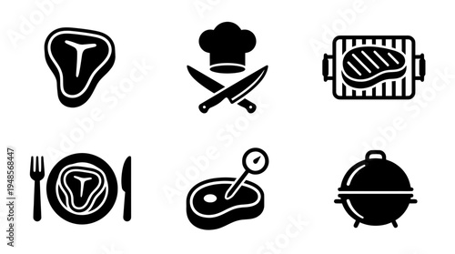 collection of steak, 6 filled black minimal icon vector set , white background , PNG and SVG isolate