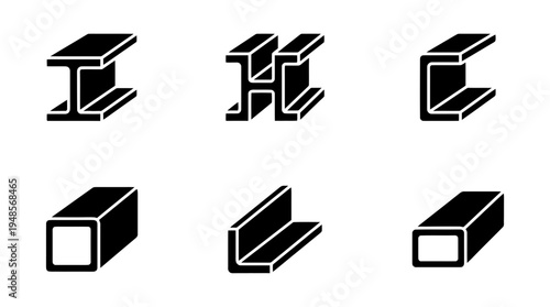 collection of steel beam, 6 filled black minimal icon vector set , white background , PNG and SVG isolate