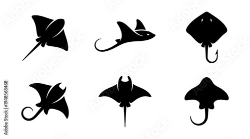 collection of stingray, 6 filled black minimal icon vector set , white background , PNG and SVG isolate
