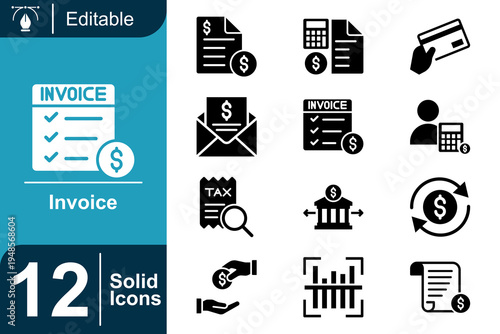 Invoice icon set. Billing payment record, financial accounting document, tax receipt verification, transaction management, digital payment process and more. Solid vector icons collection.