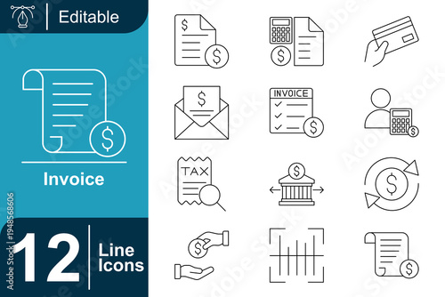 Invoice icon set. Billing document, payment transaction, financial statement, tax receipt, accounting calculation, digital payment process, bank transfer record and more. Line vector icons collection.