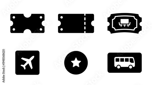 collection of ticket, 6 filled black minimal icon vector set , white background , PNG and SVG isolate