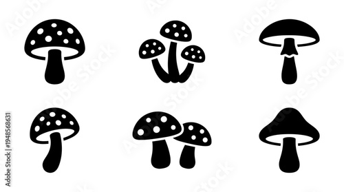 collection of toadstool, 6 filled black minimal icon vector set , white background , PNG and SVG isolate