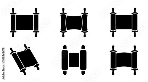 collection of torah scroll, 6 filled black minimal icon vector set , white background , PNG and SVG isolate