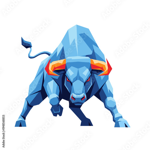 Powerful abstract blue bull illustration symbolizing strength and determination in a dynamic pose on a white background, perfect for finance or sports themes
