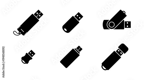 collection of usb flash drive, 6 filled black minimal icon vector set , white background , PNG and SVG isolate