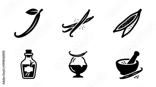 collection of vanilla pod, 6 filled black minimal icon vector set , white background , PNG and SVG isolate