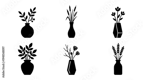 collection of vase, 6 filled black minimal icon vector set , white background , PNG and SVG isolate