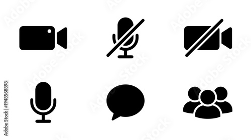 collection of video conference, 6 filled black minimal icon vector set , white background , PNG and SVG isolate