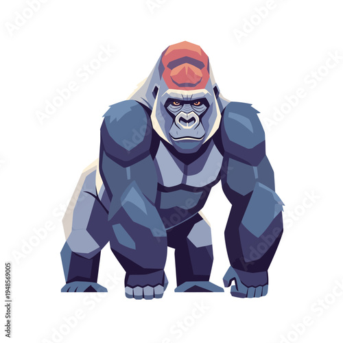 A powerful and majestic blue-grey gorilla illustration, depicted in a striking, stylized flat design with a strong presence, perfect for wildlife themes or character design