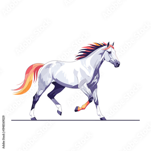 Dynamic illustration of a majestic white horse in motion, featuring a vibrant, flowing mane and tail, embodying grace, power, and spirited freedom