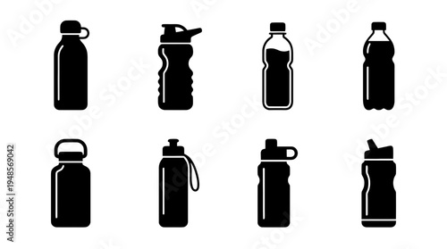 collection of water bottle, 6 filled black minimal icon vector set , white background , PNG and SVG isolate
