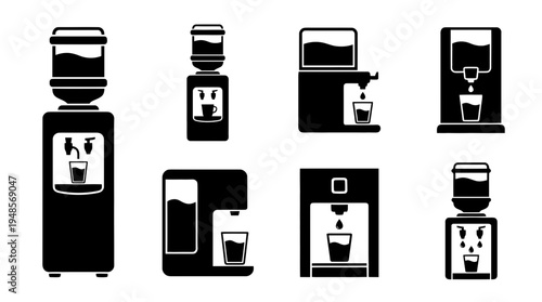 collection of water dispenser, 6 filled black minimal icon vector set , white background , PNG and SVG isolate