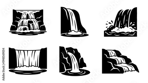 collection of waterfall, 6 filled black minimal icon vector set , white background , PNG and SVG isolate
