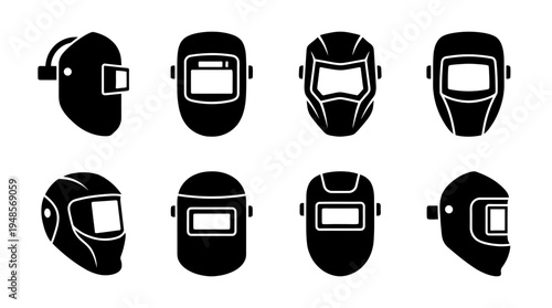 collection of welding helmet, 6 filled black minimal icon vector set , white background , PNG and SVG isolate