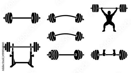 collection of weightlifting barbell, 6 filled black minimal icon vector set , white background , PNG and SVG isolate