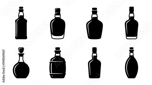 collection of whiskey bottle, 6 filled black minimal icon vector set , white background , PNG and SVG isolate