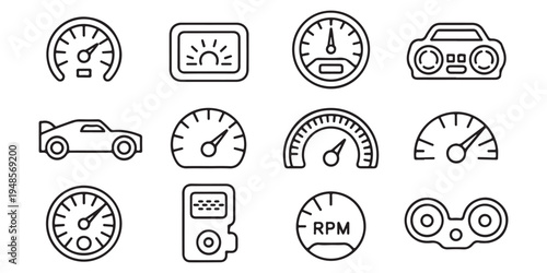 Assortment of car dashboard symbols, speedometers, fuel gauges and digital displays for automotive interfaces
