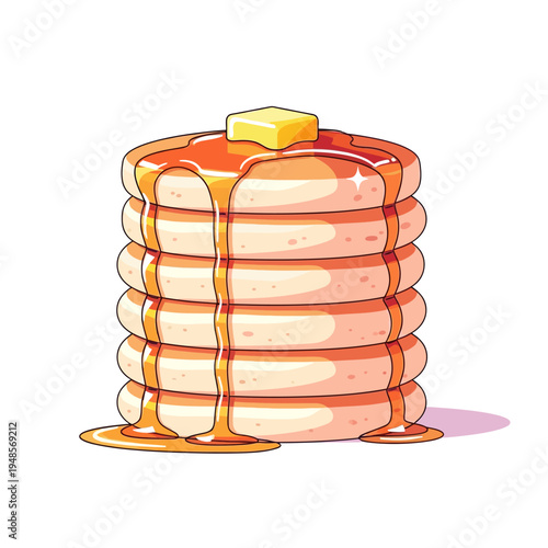 Fluffy stack of golden pancakes drizzled with syrup and topped with a pat of butter, a perfect breakfast illustration