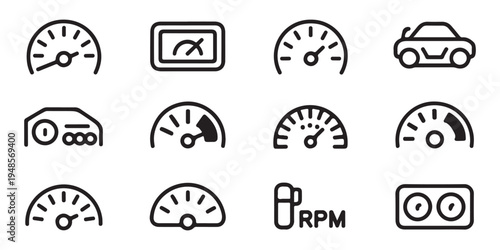 Minimalist automotive dash icons including car outlines and speed gauges for modern interface design projects