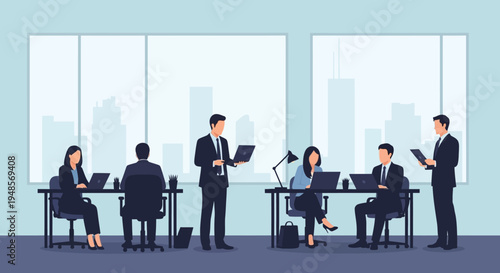 Professional business people collaborate efficiently in a modern office environment, fostering successful teamwork against a city skyline backdrop.