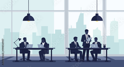 Silhouetted business professionals actively collaborate and work diligently in a sleek, modern corporate office environment, overlooking a dynamic cityscape.