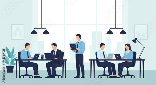 A dynamic team of diverse professionals collaborates diligently within a contemporary office setting, fostering innovation and achieving collective business objectives with efficient teamwork.