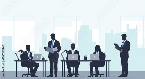 Professional business people in silhouette are actively collaborating within a modern office environment, demonstrating effective teamwork and corporate productivity.