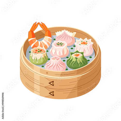 Colorful traditional Chinese dim sum dumplings and succulent shrimp, presented in a classic bamboo steamer. Authentic Asian culinary delight, perfect for delightful dining