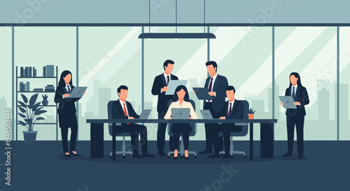 Dedicated professionals engage in a productive office meeting, demonstrating effective teamwork and strategic collaboration within a modern corporate setting.