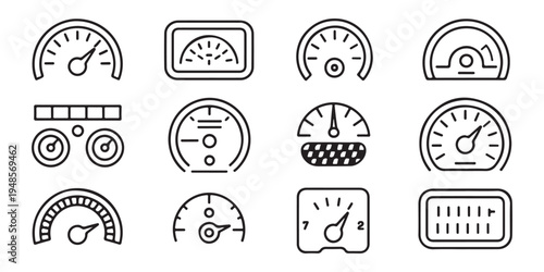 Detailed gauge and speedometer line icons showcasing various instrument panel styles for vehicle diagnostics