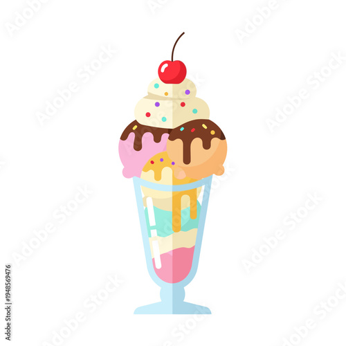 Delicious Ice Cream Sundae with Sprinkles and Cherry on Top in a Tall Glass