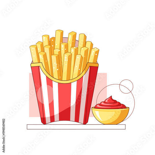 A vibrant illustration of golden french fries in a classic red and white striped carton next to a bowl of bright red ketchup