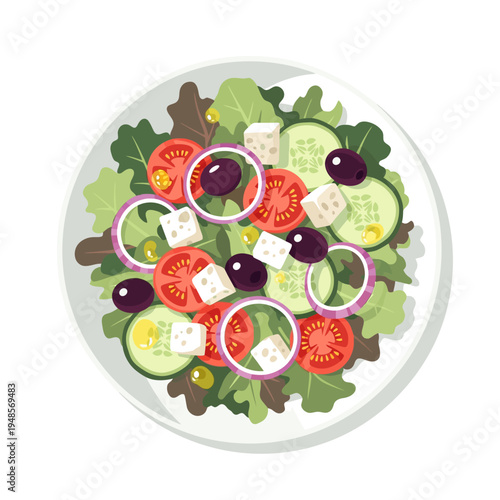 Overhead view of a delicious fresh vegetarian Greek-style salad. A vibrant, healthy meal concept featuring colorful vegetables, olives, and feta cheese, perfect for a light lunch