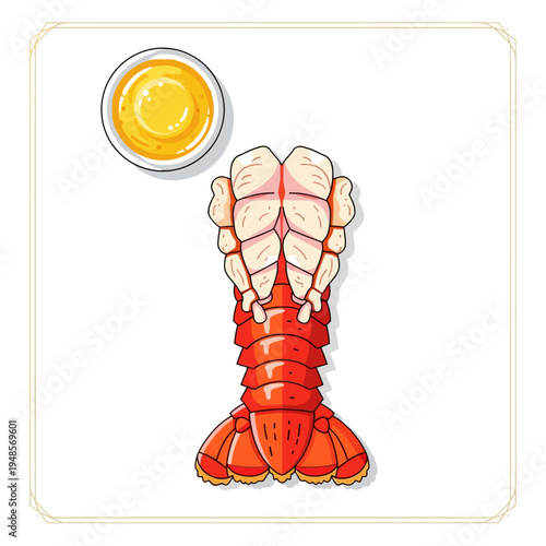 Exquisite illustration of a vibrant red lobster tail, perfectly cooked and split, accompanied by a rich bowl of golden melted butter, ready for a gourmet seafood experience