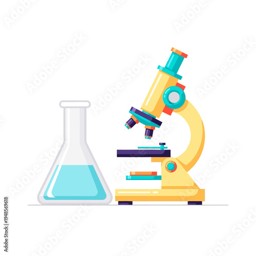 Vibrant vector illustration showcasing essential laboratory tools a scientific microscope and a conical flask filled with blue liquid, symbolizing research, education, and chemical exploration