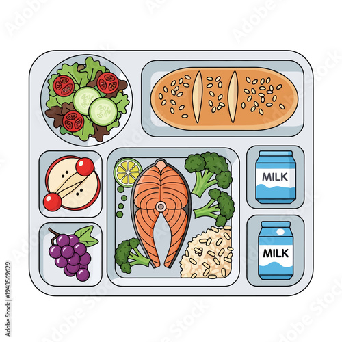 Nutritious School Lunch Tray with Salmon, Broccoli, Salad, Fruit, Bread, and Milk