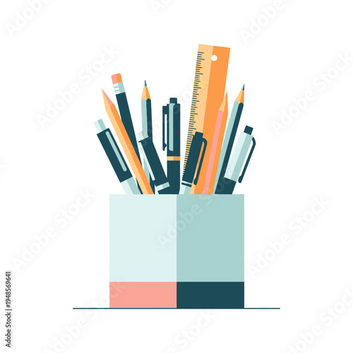 A collection of essential stationery items, including pens, pencils, and a ruler, neatly organized in a desk holder, representing creativity and productivity in an educational or professional setting