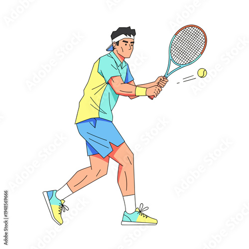 A tennis player in mid-swing hits a yellow tennis ball with a racket, showcasing athletic movement and sportsmanship