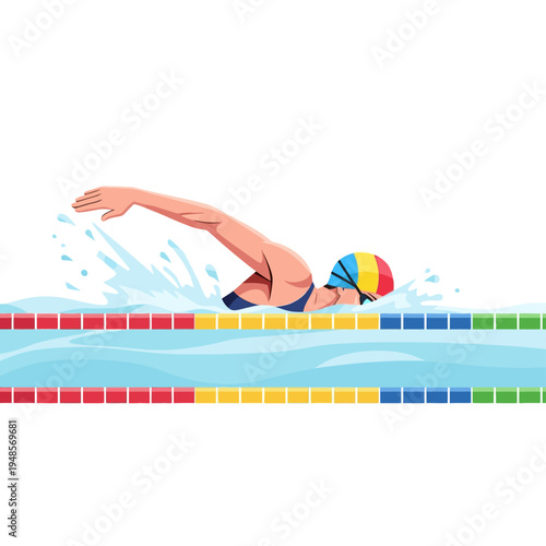 Swimmer completing a lap in a swimming pool with lane lines and colorful cap