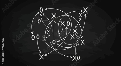 Detailed strategic game plan with X's and O's, arrows, and lines, sketched on a dark chalkboard background, representing complex sports tactics or business strategy.