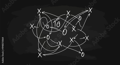 Abstract chaotic Tic Tac Toe game strategy with arrows and X O symbols on a blackboard background, representing complex planning and decision making.