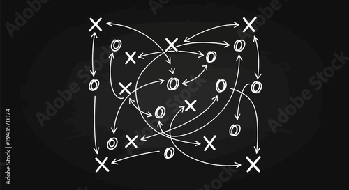 Complex strategic game theory diagram on a blackboard, with interconnected X's and O's, depicting intricate business planning, decision-making, and problem-solving.